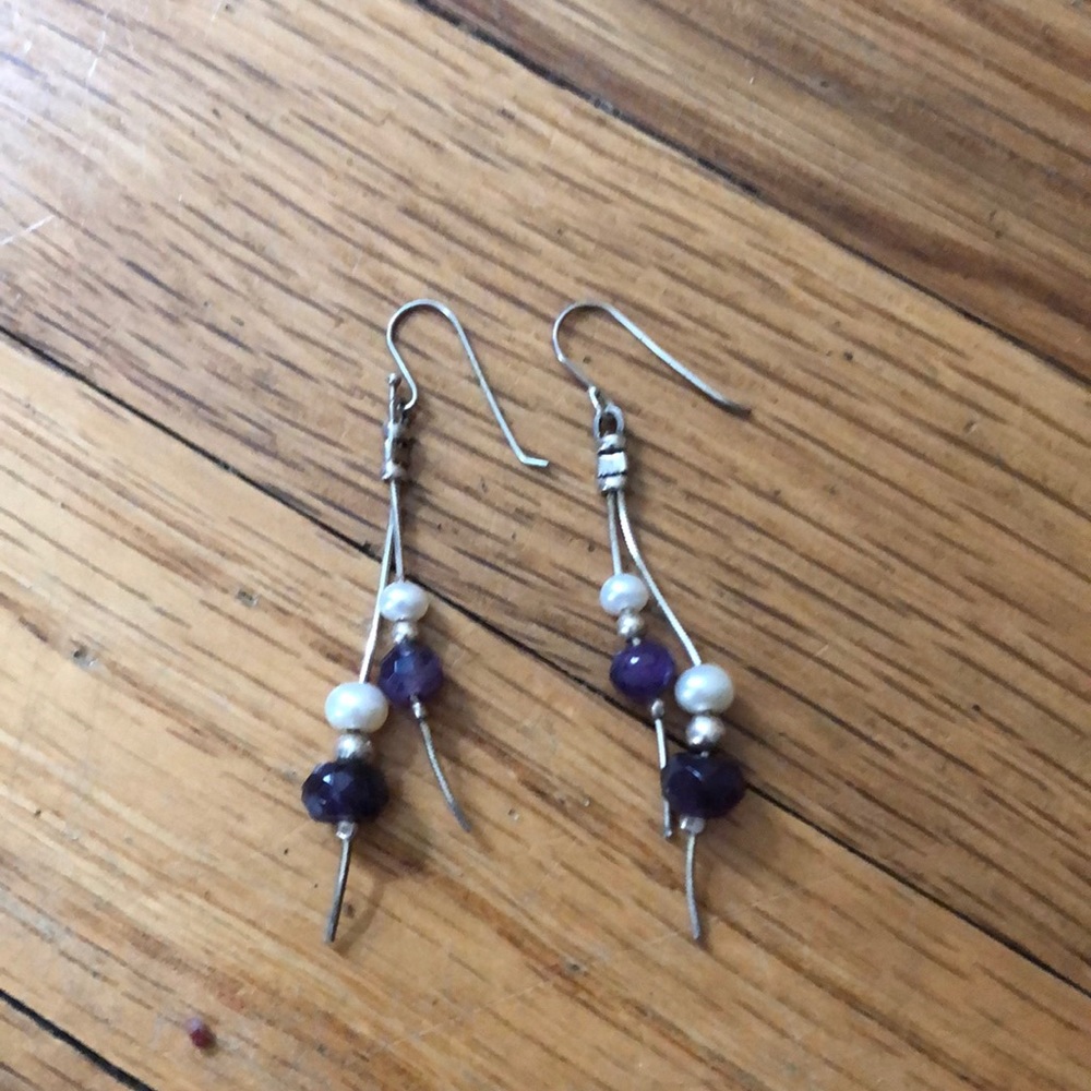 Earrings with purple, black, and pearl jewels